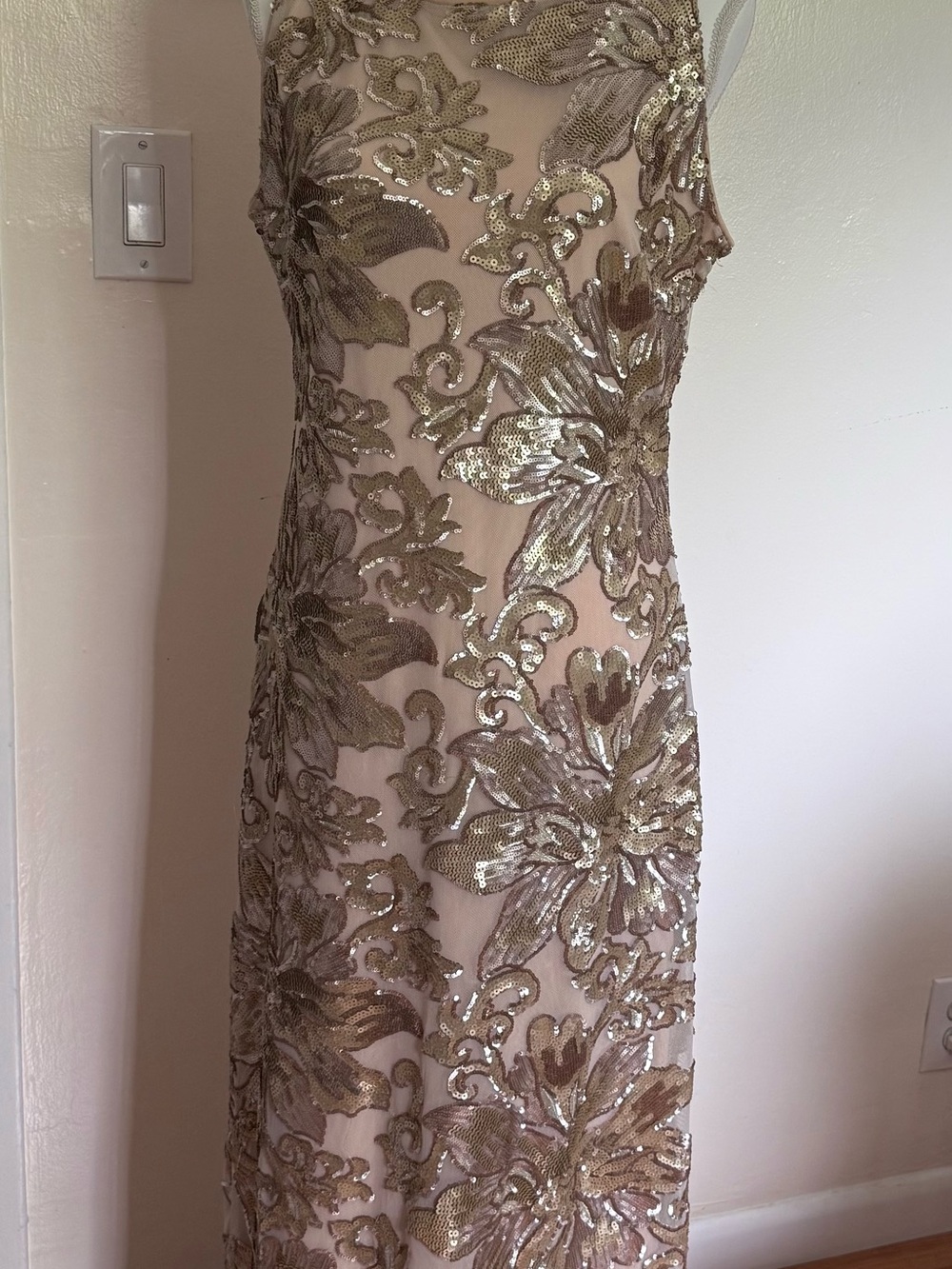 Studio Nude Maxi Dress with Gold Sequin Floral Appliqué